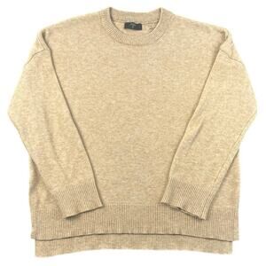 Tahari Beige Crewneck Knit Sweater Minimalist Cozy Pullover Split Sides - M